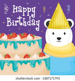 happy birthday card with polar bear and cake