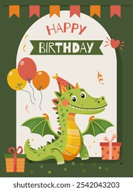 Happy Birthday Card. PostCard with cute little dragon. Children's colorful character. Vector illustration