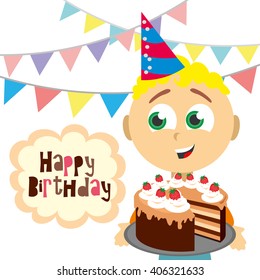 Happy birthday. Happy birthday card. Birthday postcard. A cute boy with cake and gifts. Vector Illustration