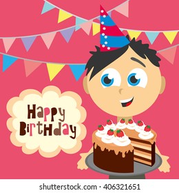 Happy birthday. Happy birthday card. Birthday postcard. A cute boy with cake and gifts. Vector Illustration