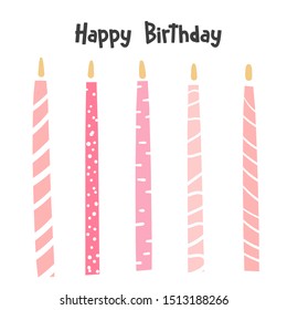 Happy birthday card, postcard, poster, background with cute doodle candles.