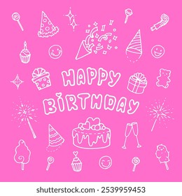happy birthday card, poster, icons with linear on pink