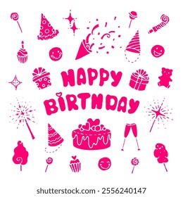 happy birthday card, poster, icons in crimson