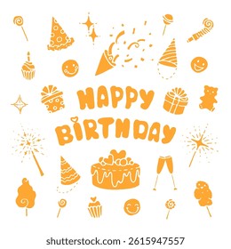 happy birthday card , poster , icons in yellow color
