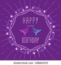 Happy Birthday Card. Poster on party celebration. Kissing birds. Love Concept. Idea for design of kiss day, greeting  holiday banner, festive decoration background. Vintage frame. Vector illustration