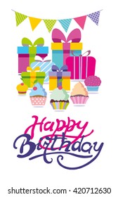 Happy birthday card. Present box vector. Vector illustration.