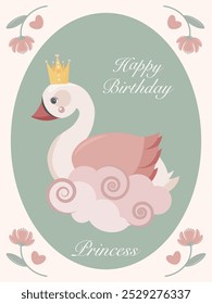 Happy birthday card for a princess girl with roses, green frame and pink swan on cloud