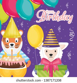 happy birthday card with rabbit and tiger