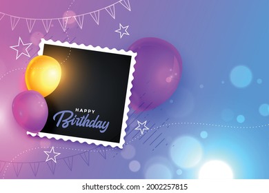 happy birthday card with realistic balloon and photo frame