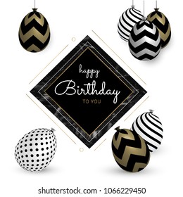 Happy Birthday card. With realistic balloons and  black marble textured frame. Vector design