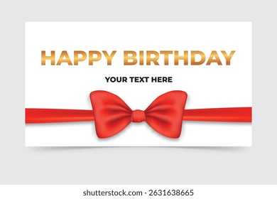 Happy birthday card with red ribbon bow and gold text on clean white background.