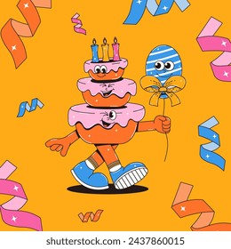Happy birthday card in retro groovy style. Vintage walking character cake. Funky mascot with psychedelic smile. Vector illustration on bright yellow background.