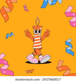Happy birthday card in retro groovy style. Vintage walking character candle. Funky mascot with psychedelic smile. Vector illustration on bright yellow background.
