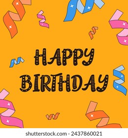 Happy birthday card in retro groovy style. Vintage lettering. Vector illustration on bright yellow background