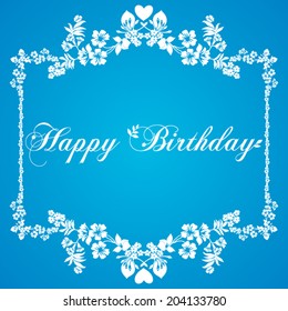 Happy birthday card in retro style. Blue and white color. Vector illustration. 