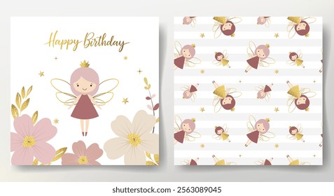 Happy birthday card and seamless pattern with cute fairies, flowers, shining golden stars. Gentle childish backgrounds