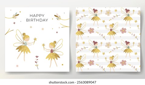 Happy birthday card and seamless pattern with cute fairies, flowers, shining golden stars. Gentle childish template