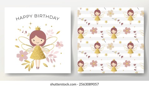 Happy birthday card and seamless pattern with cute fairies, flowers, shining golden stars. Gentle childish backgrounds