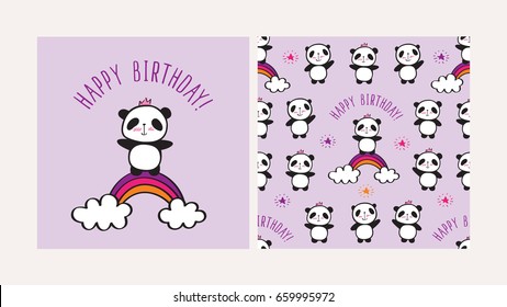 Happy birthday card. Seamless pattern with cute pandas and rainbows for children's textiles, wallpapers, gift wraps and scrapbook. Vector