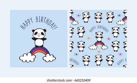 Happy birthday card. Seamless pattern with cute pandas and rainbows for children's textiles, wallpapers, gift wraps and scrapbook. Blue background. Vector.