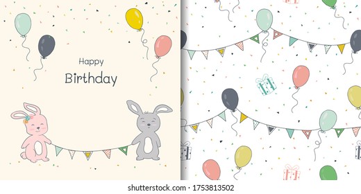 Happy Birthday card and seamless pattern,hand drawn colorful balloons,cute bunny,confetti with bunting for decorative,fabric,textile,print or wrapping paper,vector illustration