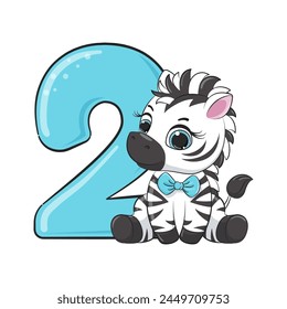 HAPPY birthday card for second birthday with zebra. Vector illustration.