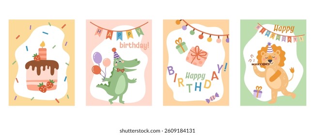 Happy birthday card set with animals. Cute cartoon card template. Concept of celebration and fun. Hand-drawn vector illustration in flat style. 