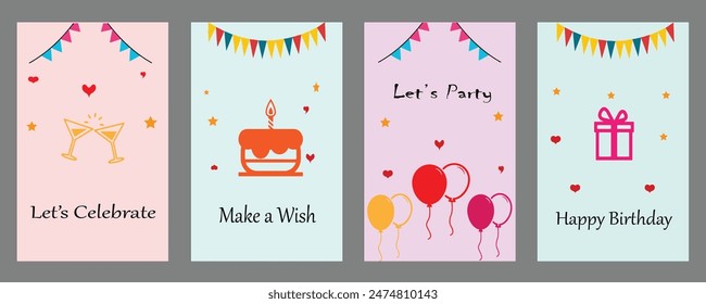 Juego de tarjetas de cumpleaños feliz, Anuncio o Plantilla con pastel, globos, bebida de fiesta y elemento de decoración de caja de regalo para la celebración de cumpleaños diseño de tarjeta de felicitación. archivo editable de Ilustración vectorial