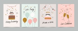 Happy Birthday Card Set With Cake, Balloons And Calligraphy. Cute And Elegant Vector Illustration Templates In Simple Style