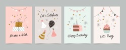 Happy Birthday Card Set With Cake, Balloons And Calligraphy. Cute And Elegant Vector Illustration Templates In Simple Style