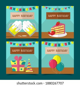 Happy birthday card set, cake decorations, gift boxes, wine glasses and balloons