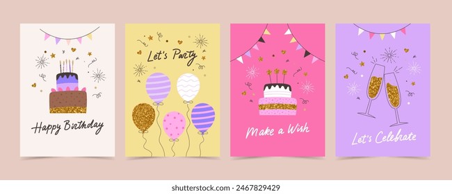 Happy birthday card set with cake, balloons and calligraphy. Cute bright vector templates