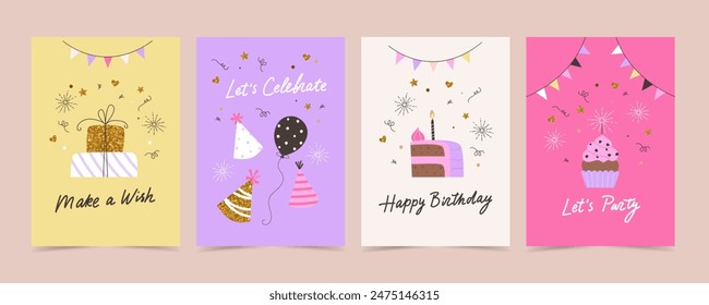 Happy birthday card set with cake, balloons and calligraphy. Cute bright vector templates