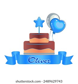 Happy birthday card set with cake, balloons, calligraphy. Template in simple style script boy name Oliver for invitation card, thank you card, envelopes, t-shirt, sticker, greeting card. Vector