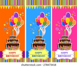 Happy Birthday Card Set.  Birthday cake. Vector Illustration