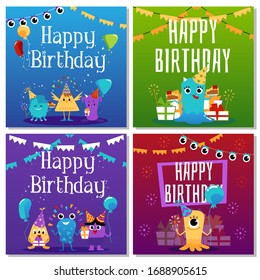 Happy birthday card set with colorful monster children holding gifts, balloons and sparklers. Festive decoration poster collection with cute baby aliens, vector illustration