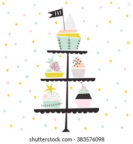 Happy birthday card with set of cupcakes on cake stand. Baby Shower Invitation Card Design, Birthday invitation, vector design template.