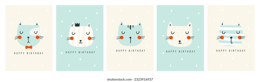 Happy Birthday card set with cute cats. Vector illustrations
