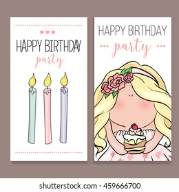 happy birthday card set in cute doodle style. little girl holding cake. blue and pink color. princess with birthday cupcake. Romantic Invitation announcement for little girl