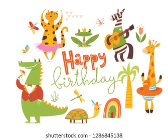 Happy birthday card. Set of funny hand drawn wild animals. Great for your design ideas, cards, posters and kids room decoration. 