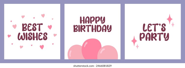 juego de tarjetas de feliz cumpleaños, invitación de fiesta, Plantillas de celebración, postales, tarjetas de felicitación, globos, corazones, estrellas, mejores deseos, vamos a fiesta, Ilustración vectorial