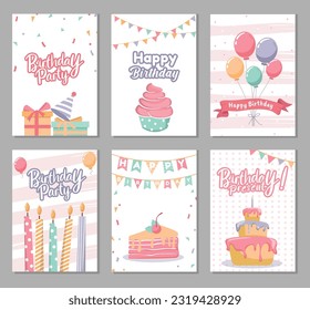 Carta feliz de cumpleaños ambientada en blanco rosado. Ilustración de la celebración con torta de cumpleaños, globos, velas y regalos con fondo gris.