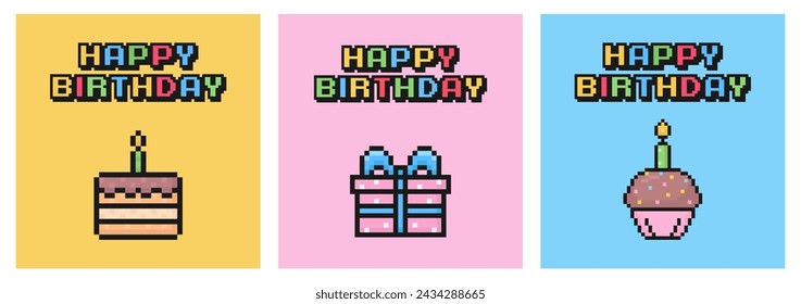 juego de tarjetas de feliz cumpleaños, postal de arte pixel, estilo de juego de arcade de los años 90, nostalgia, regalo, pastel, vela, ilustración vectorial