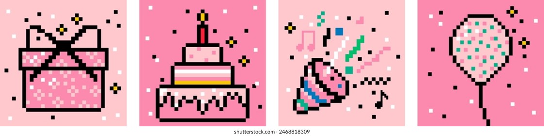 Happy Birthday card set. Pixel art postcard. Pink colors. Party popper. Confetti. Gift. Cake. Baloon. Y2k trendy playful pixelated stickers. Mood of 90's aesthetics. Retro style vector illustration