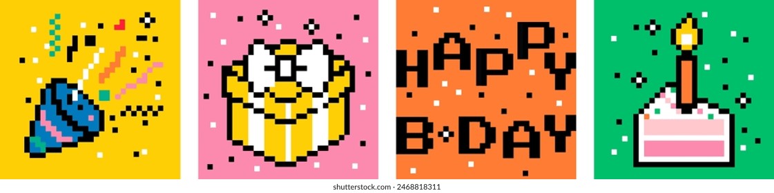 Happy Birthday card set. Pixel art postcard. Colorful design. Party popper. Confetti. Gift box. Y2k trendy playful pixelated stickers. Mood of 90's aesthetics. 8-bit retro style vector illustration