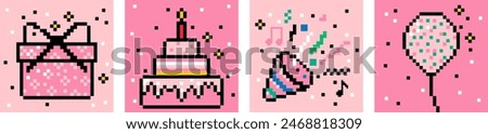 Happy Birthday card set. Pixel art postcard. Pink colors. Party popper. Confetti. Gift. Cake. Baloon. Y2k trendy playful pixelated stickers. Mood of 90's aesthetics. Retro style vector illustration