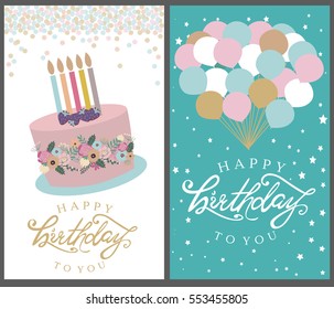 Happy Birthday card set. Template for greeting, invitation cards, gifts, posters and other. Vector illustration