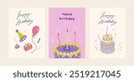 Happy birthday card set. Trendy greeting cards with tired birthday cake, party hat, gifts. Cute and elegant vector illustration templates in simple style