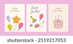 Happy birthday card set. Trendy greeting cards with ruffle cake, helium balloons, party hat, gifts. Cute and elegant vector illustration templates in simple style