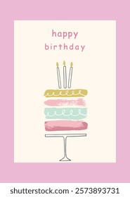 Happy birthday card set. Trendy greeting cards with ruffle cake, helium balloons, party hat, gifts. Cute and elegant vector illustration templates in simple style